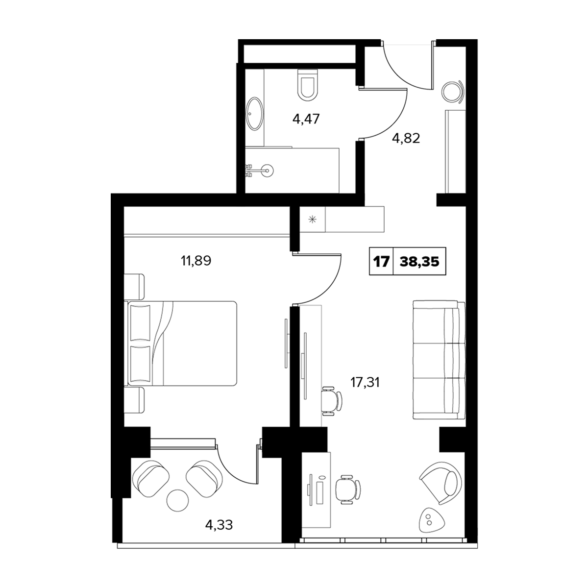 Планировка: 2-комнатная, 38,35 м²–75,4 м²