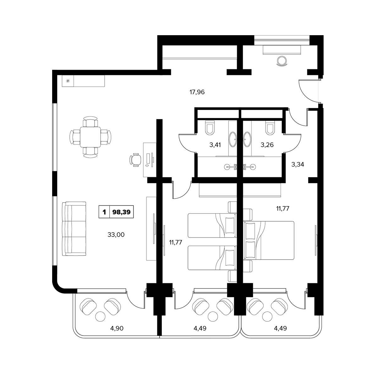 Планировка: 3-комнатная, 69,54 м²–98,39 м²
